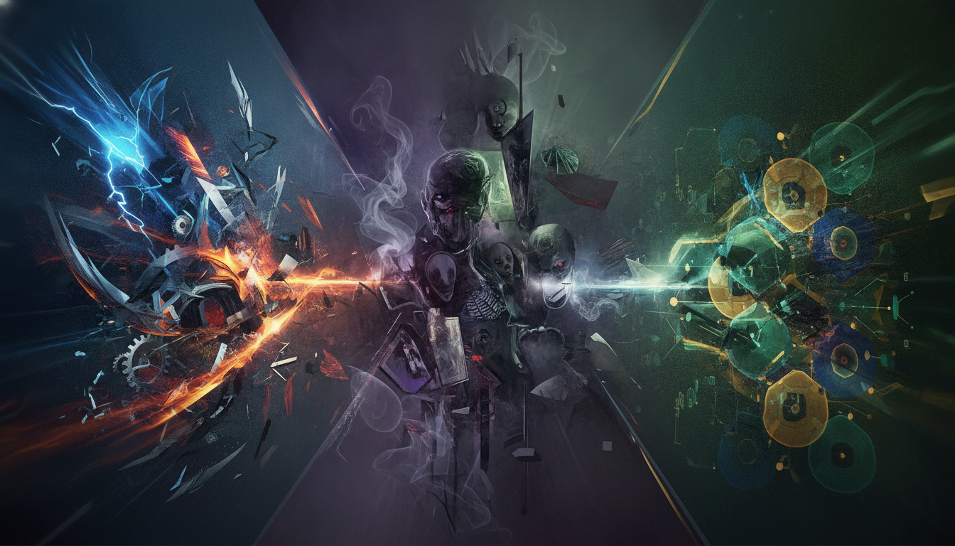 An abstract visual representation of diverse video game genres, including action, horror, and strategy.