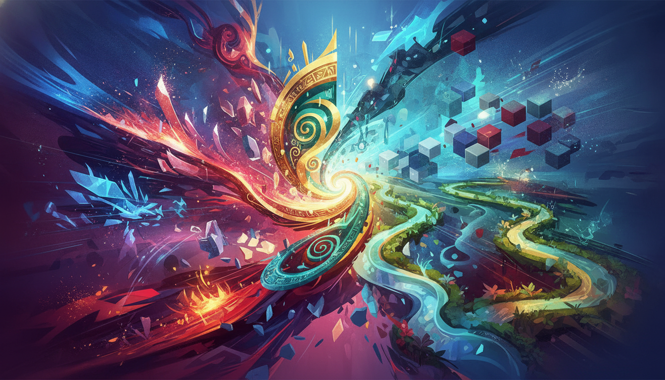 An abstract visual representing the diverse genres and global reach of South Korean PC and console games.
