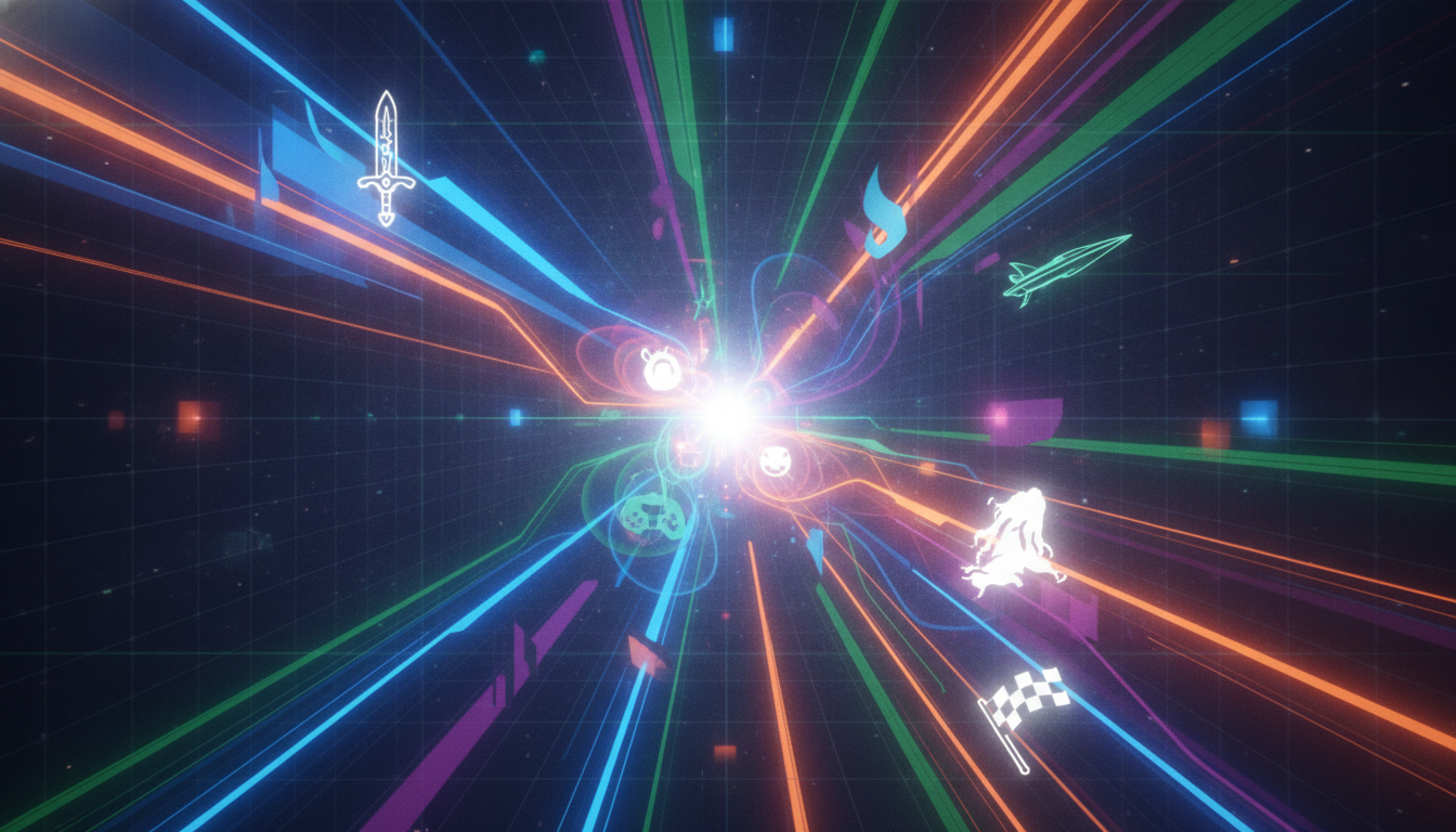 Abstract representation of diverse video game genres and platforms converging in a dynamic, interconnected digital space.