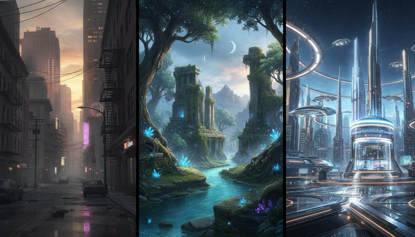 Three distinct video game landscapes in a triptych, representing the variety of genres in a major release quarter.