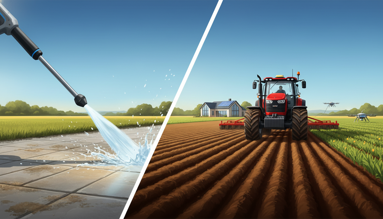 An illustration showing a pressure washer cleaning a patio and a modern farm with a tractor and renovated house.