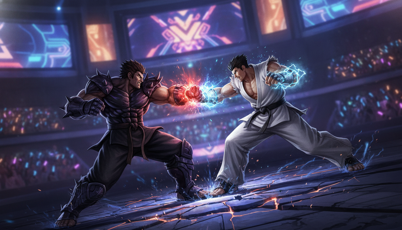 Dynamic illustration of Tekken 8 characters clashing in an esports arena, symbolizing the start of the competitive season.