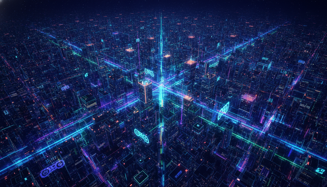 Abstract illustration of a bustling Japanese mobile gaming market with futuristic cityscape and digital elements.