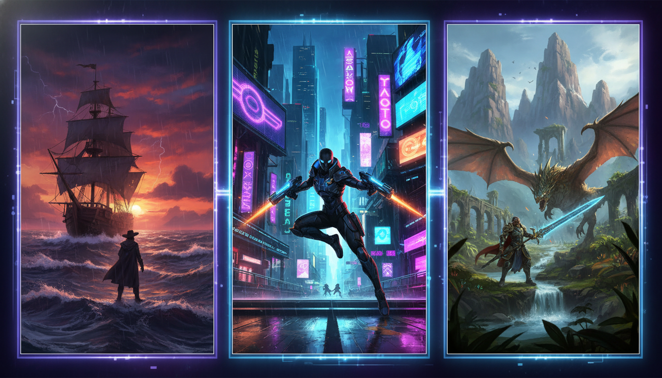 A triptych showcasing distinct visual themes: a pirate ship, a futuristic city, and a fantasy landscape, representing diverse key game releases.