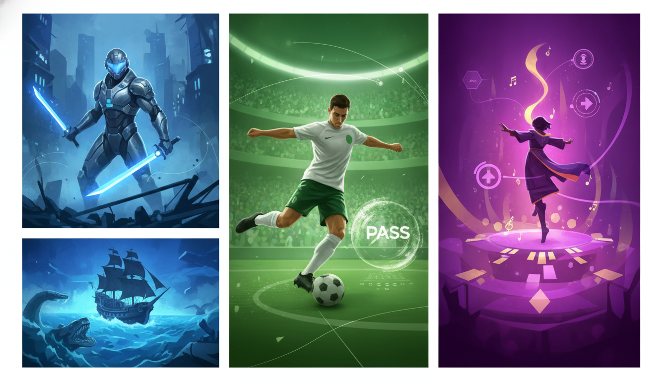 A visual comparison of diverse game genres and console experiences, highlighting cross-platform and subscription service offerings.
