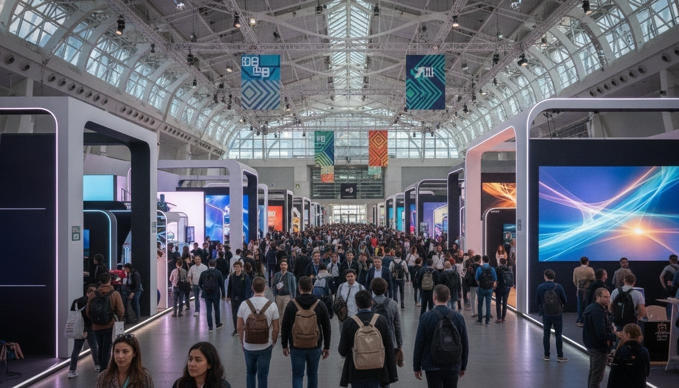 A vast, modern convention hall bustling with a diverse crowd exploring high-tech gaming exhibits at a global event.