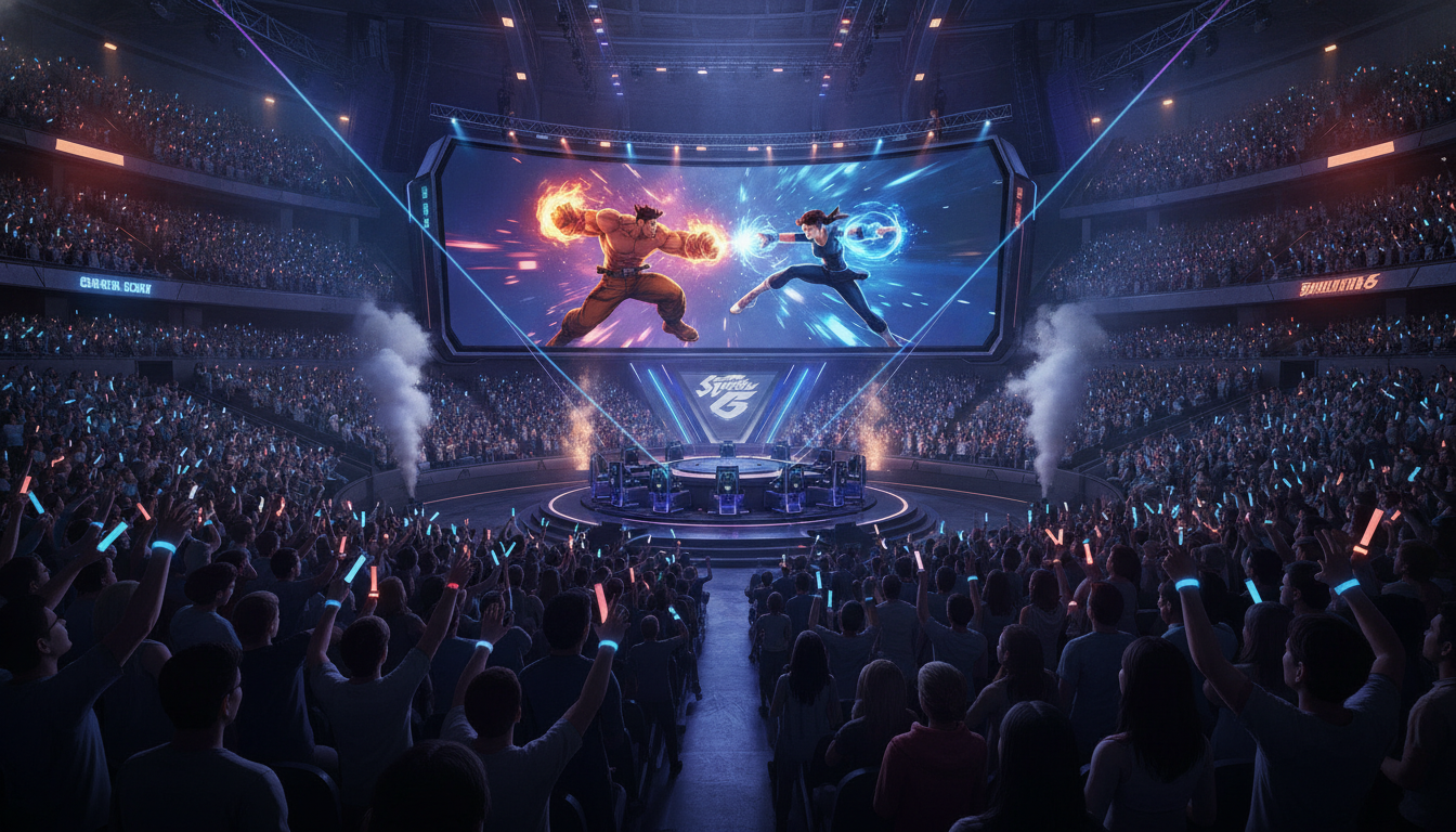 A dynamic shot of a Street Fighter 6 esports match on a giant screen in a vibrant, packed arena.