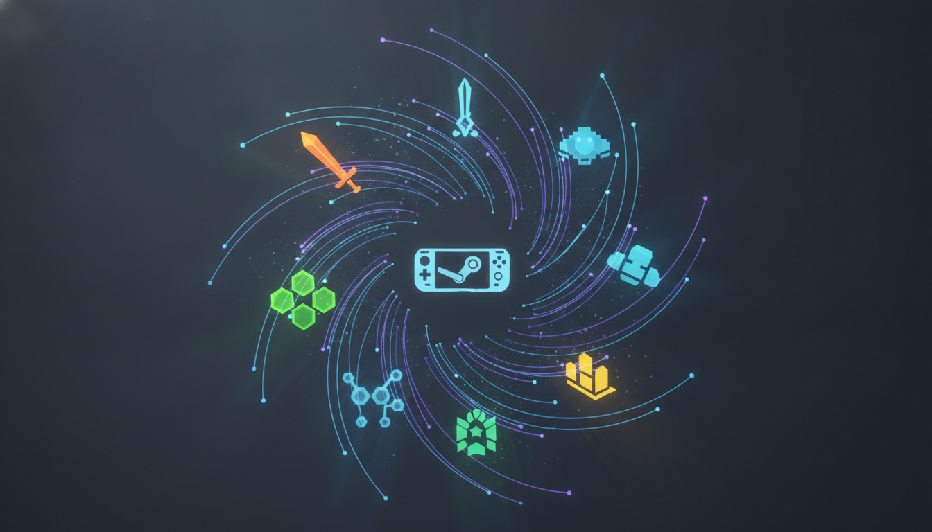 Abstract visualization of Steam's platform growth, top games, and hardware sales.