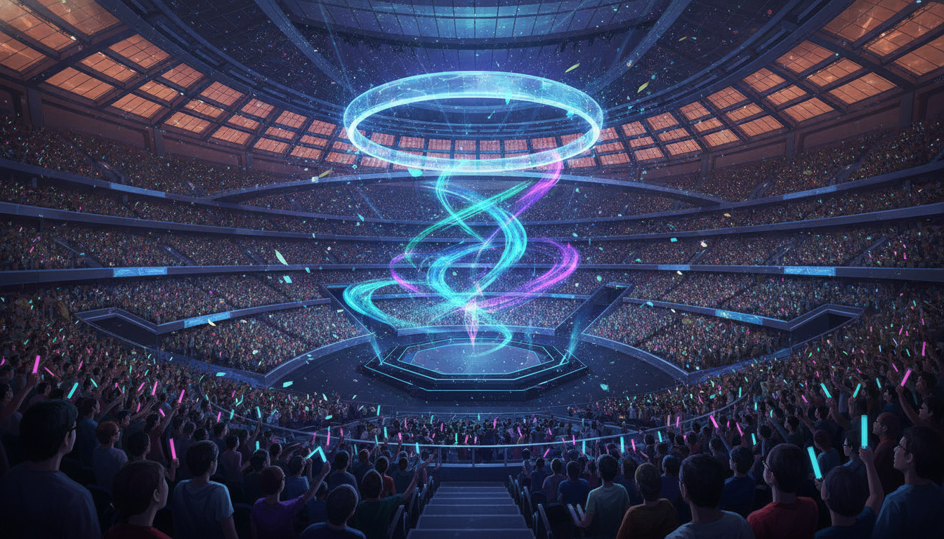 A grand esports arena in Shanghai filled with a cheering crowd, with a large screen displaying abstract game-like visuals.