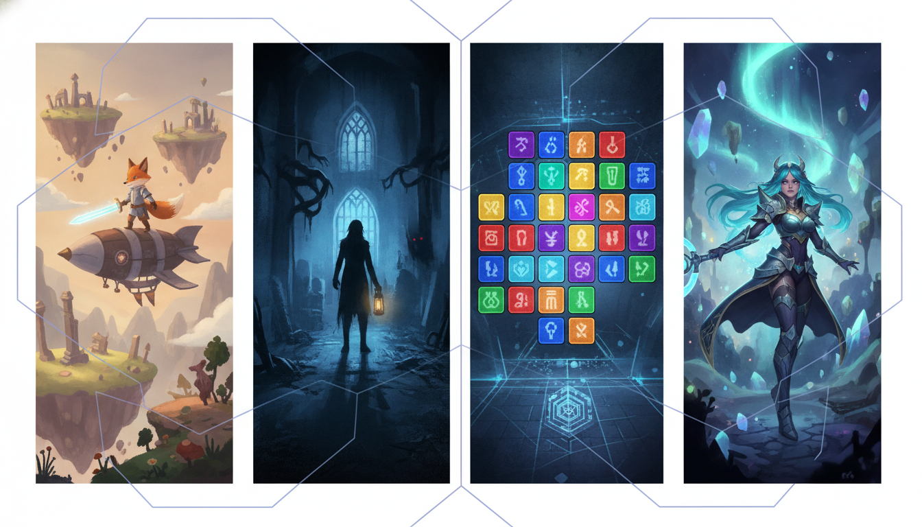 Illustration depicting a curated collection of diverse indie game genres, including adventure, horror, puzzle, and RPG elements.