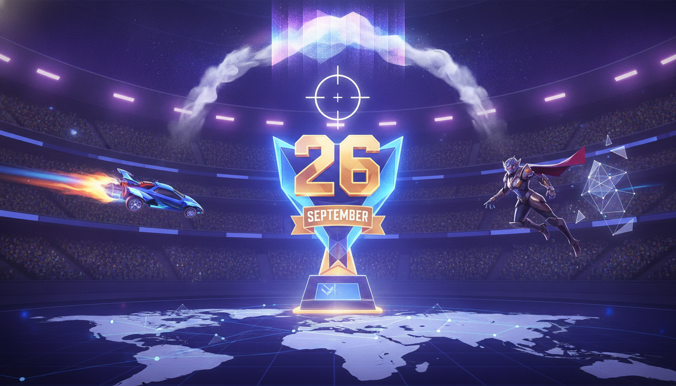 A dynamic digital illustration showing elements from various esports games converging on a championship trophy, symbolizing global competition.