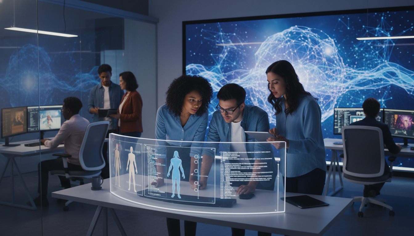Game developers collaborating in a high-tech office, with screens displaying code and 3D models, subtly incorporating AI visual elements, symbolizing innovation and teamwork.