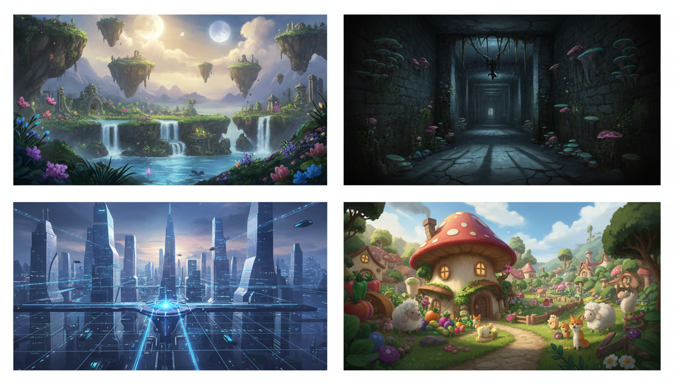 Multi-panel image illustrating diverse PC game genres like RPG, horror, strategy, and life-sims.