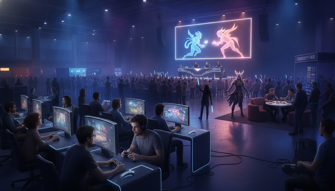 A diverse convention scene showing gaming demos, esports, and general pop culture activities.