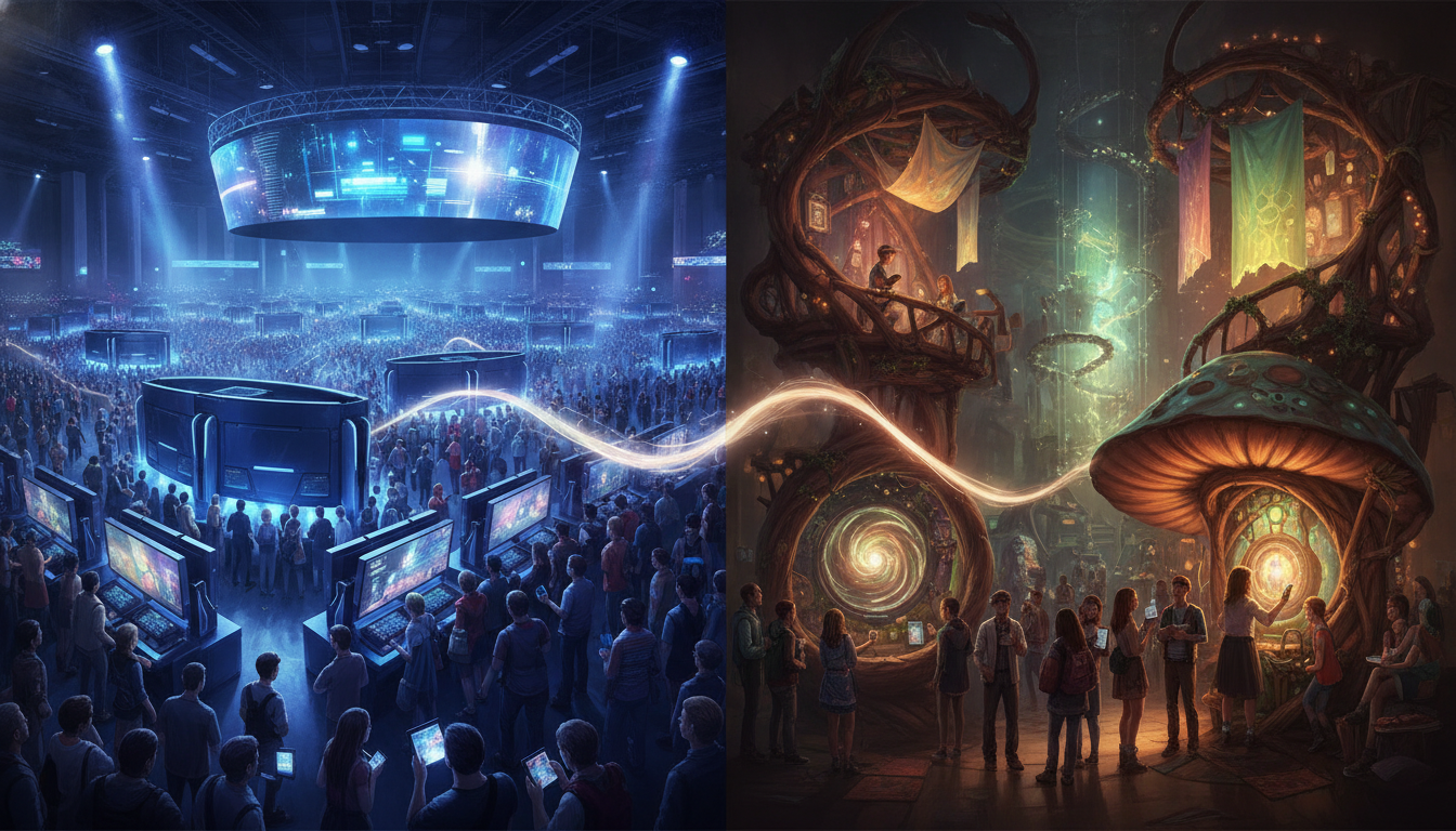A composite image showing both the vast scale of a global gaming convention with many attendees and the intimate, creative atmosphere of an indie game development area.