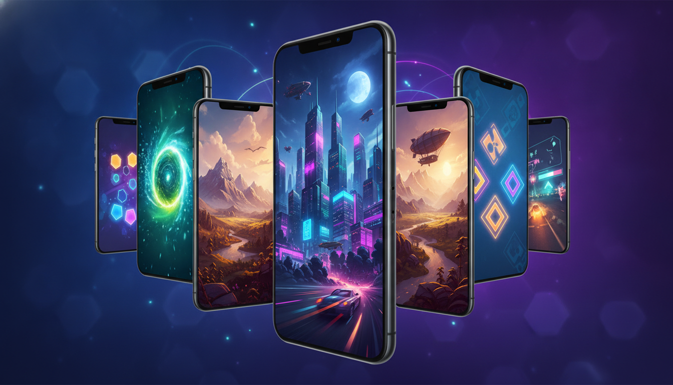 Visual montage of diverse mobile game genres on stylized smartphone screens, representing market variety and quality.