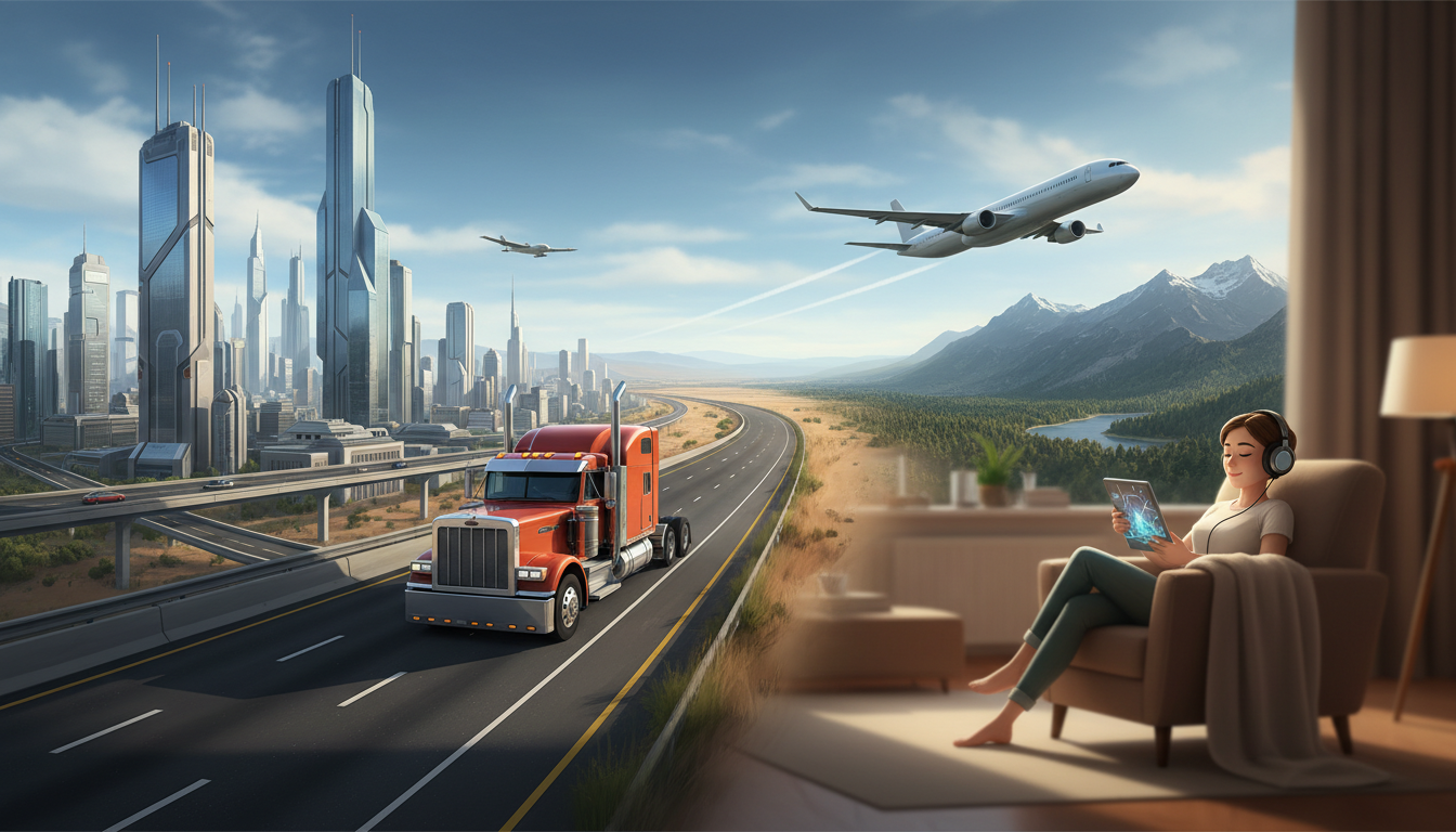 A conceptual illustration blending city-building, vehicle, flight, and life simulation game elements.