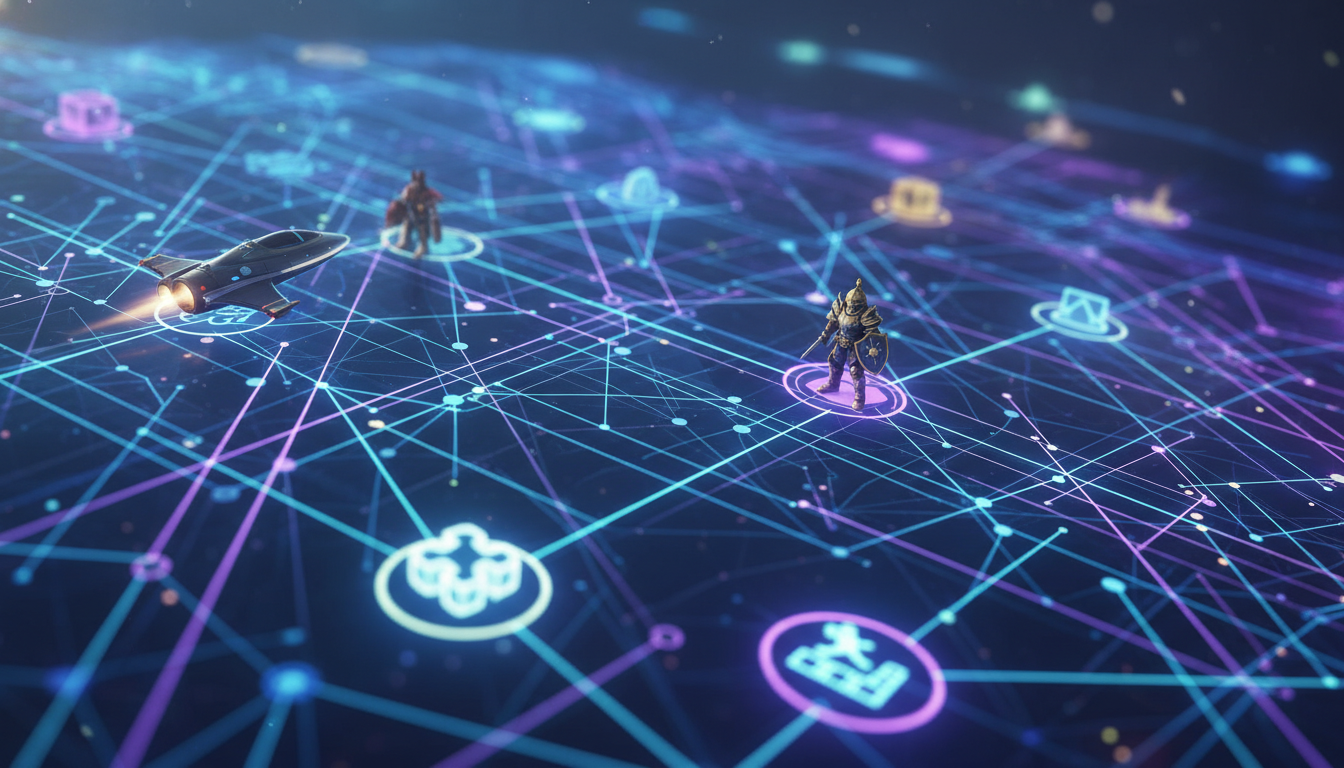 An abstract visualization of a global network connecting diverse indie game genres, representing international showcases and development.