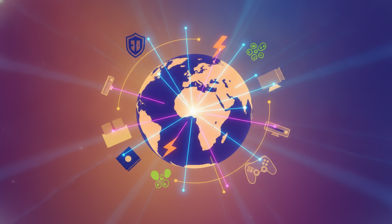 A vibrant digital illustration symbolizing the global reach and diverse events of the summer gaming season, featuring abstract gaming elements.