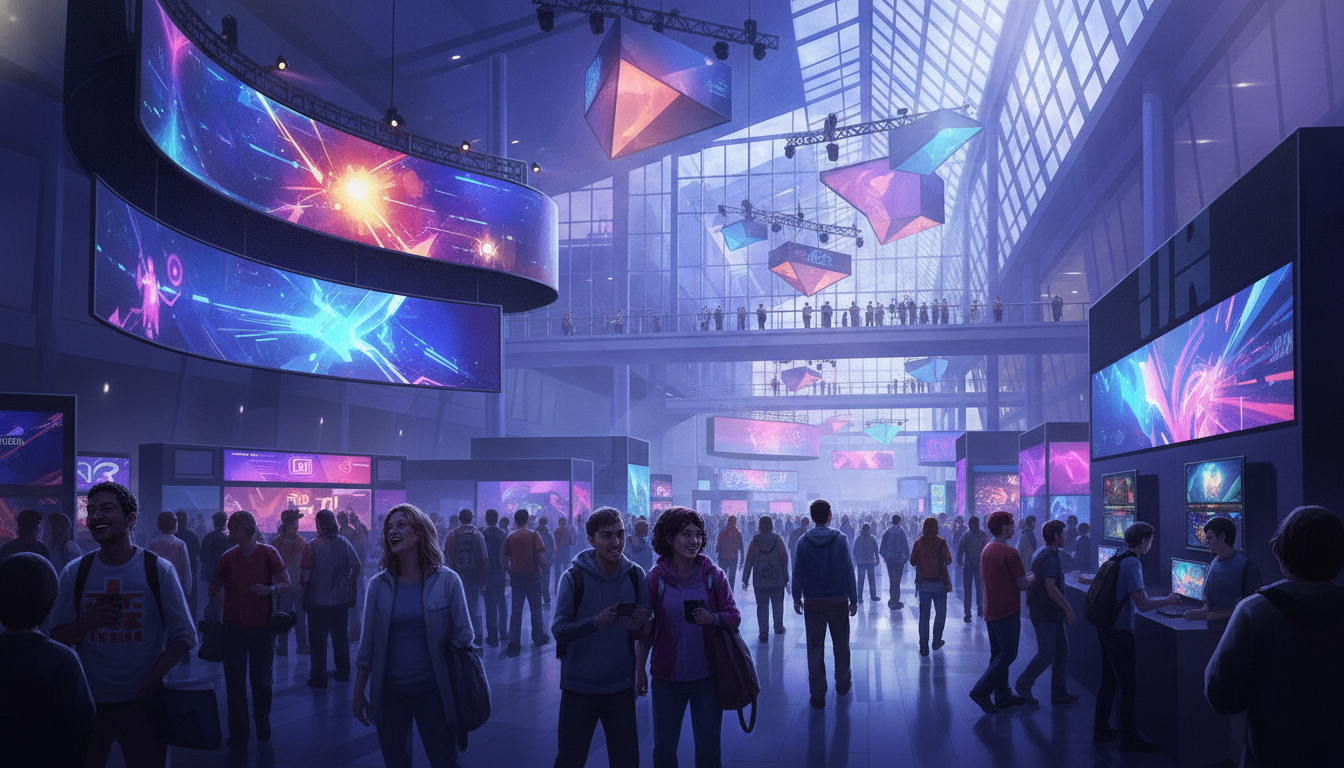 Attendees exploring a vibrant gaming convention floor at PAX West, with bright displays and a lively atmosphere.