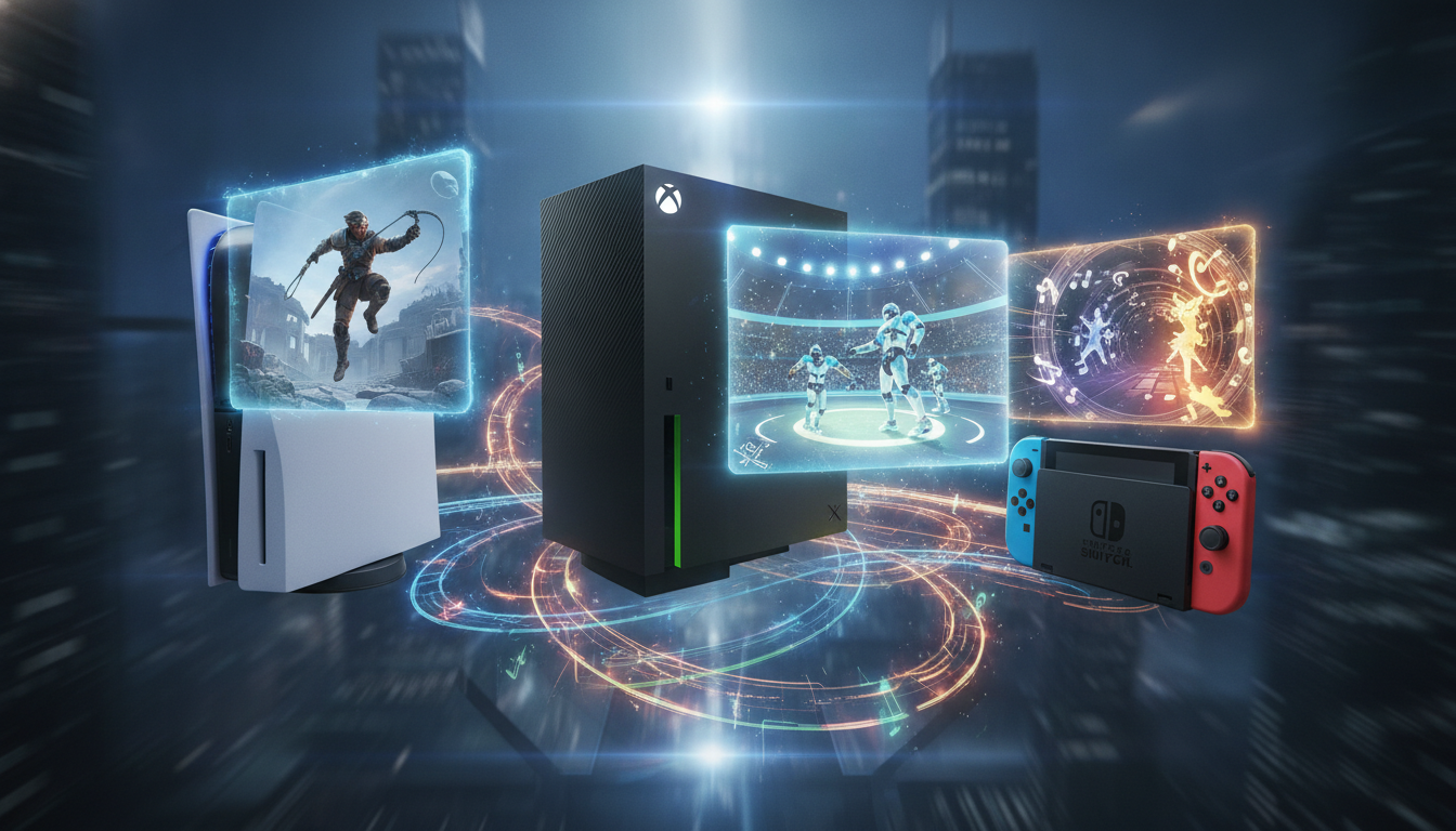 A dynamic collage representing new game releases for PlayStation 5, Xbox, and Nintendo Switch.