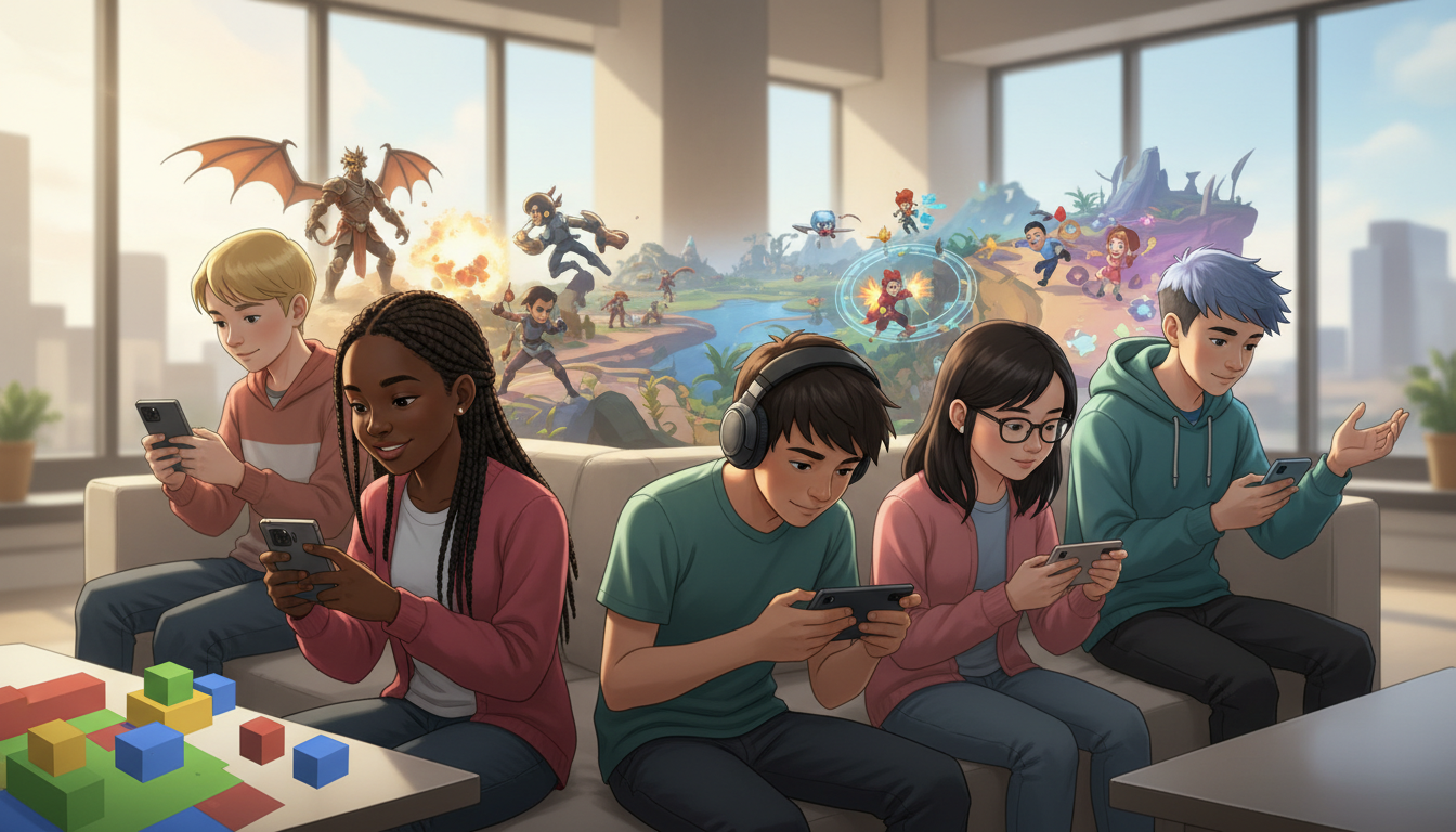 A diverse group of US teenagers individually playing various mobile games on their smartphones in a modern setting, illustrating the wide appeal and engagement with different game genres.